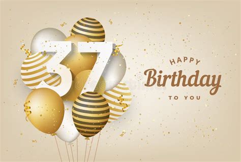 Happy 37th Birthday With Gold Balloons Greeting Card Background Stock