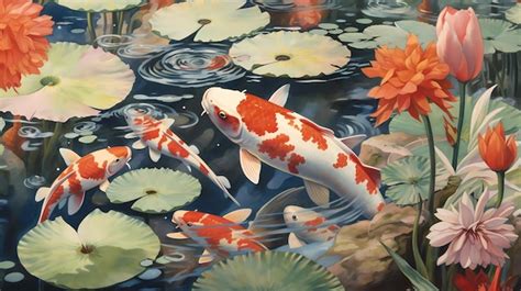 Premium Ai Image A Painting Of Koi Fish In A Pond With Lily Pads And
