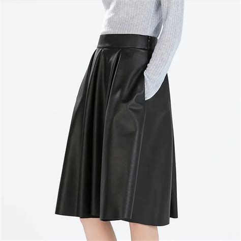 Aliexpress Com Buy Manu Women High Waist Faux Leather Skirt Knee Length Pleated A Line PU