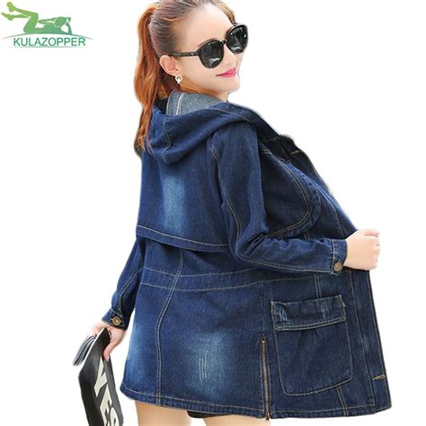Buy Plus Size Women Autunm Denim Trench Coat Hooded Long Style Fashion Solid