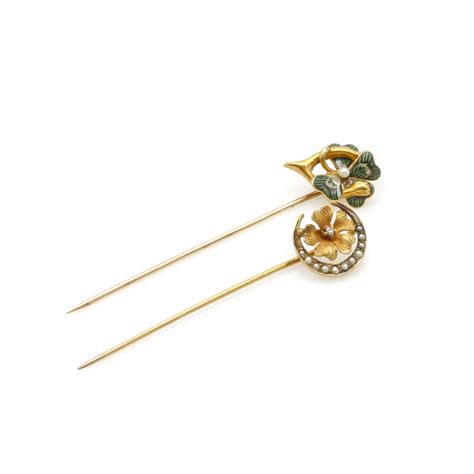 Victorian 10k Yellow Gold Cultured Seed Pearl And Diamond Stick Pins Ebth