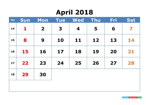 April 2018 Calendar With Week Numbers Printable