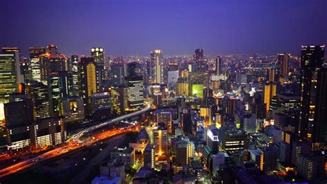 Osaka Cityscape At Night With Skyscrapers Image Free Stock Photo