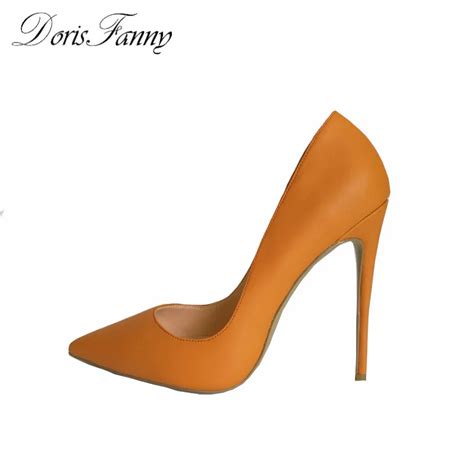 Doris Fanny Orange Yellow Matte Leather Pointy Toe Sexy High Heels Lady Shoes Big Size Stiletto