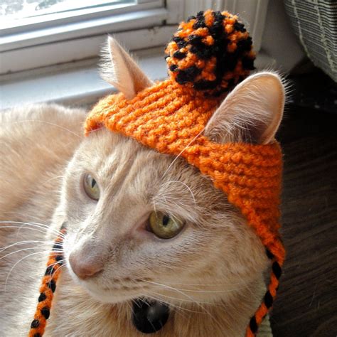 Pom Pom Cat Hat Orange And Black Hand Knit Cat Costume