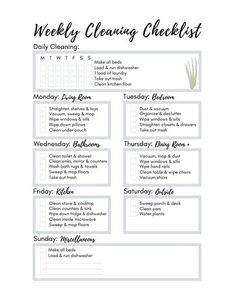 Personalized Weekly Cleaning Checklist Printable Cleaning Checklist
