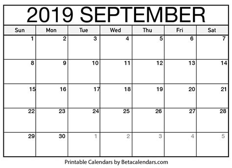 Blank September 2019 Calendar Printable Beta Calendars