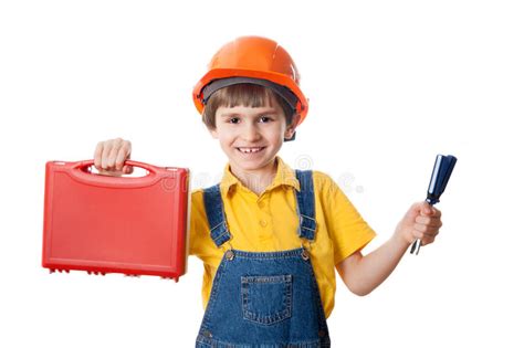 Happy Six Year Old Boy Dressed As Construction Worker With Tools Kit