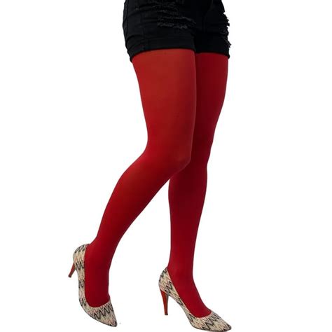 Red Opaque Full Footed Tights Pantyhose For Women