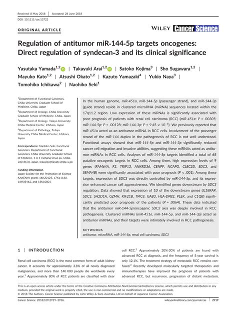 pdf regulation of antitumor mir 144 5p targets oncogenes direct regulation of syndecan 3 and