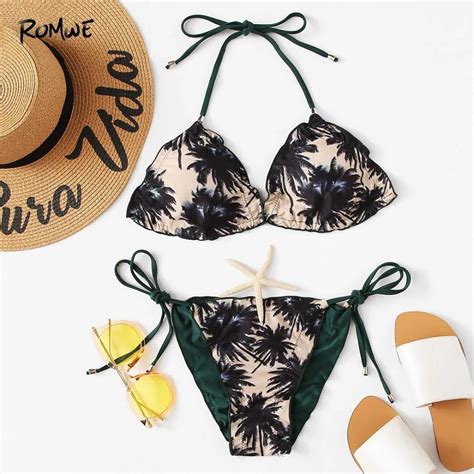 Romwe Sport Tropical Print Halter Beach Hot Sexy Bikini Set Swimwear Women Bikinis Feminino 2018