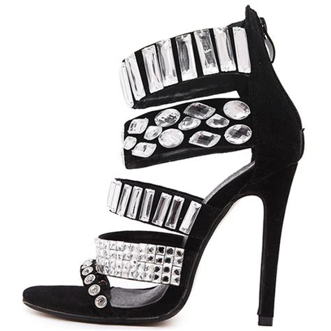 stylish rhinestone decoration hollow out stiletto super high heel black pu ankle strap sandals