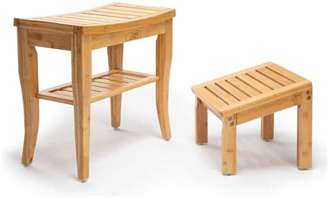 Oasiscraft Bamboo Shower Bench Chair With Foot Stool And Free Soap Dish