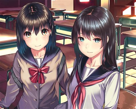Hd Wallpaper Anime Girls Sailor Uniform Classroom Friends Brown
