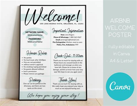 Airbnb Welcome Sign Template Airbnb Poster Editable Host Info