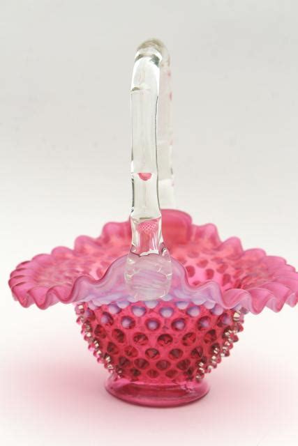 Vintage Fenton Cranberry Opalescent Glass Brides Basket Hobnail Pattern Glass