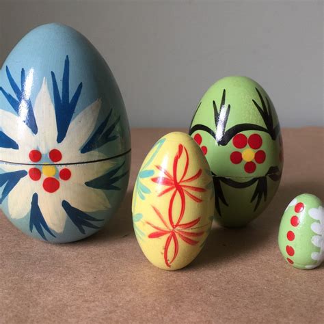 Wooden Nesting Easter Eggs Hand Painted Floral Design Vintage Etsy