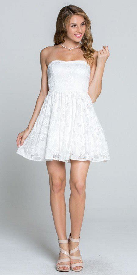 Off White Lace Floral Fit And Flare Short Cocktail Dress Strapless