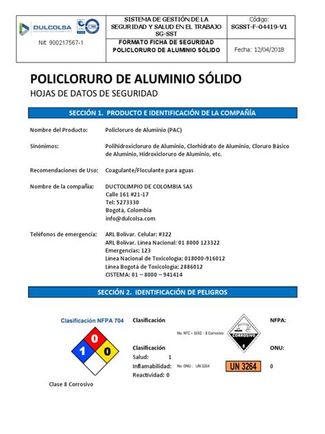 Sgsst F 04419 V1 Ficha De Seguridad Policloruro De Aluminio Sólido