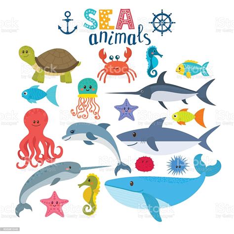 Vector Set Of Sea Creatures Cute Cartoon Animals Stock