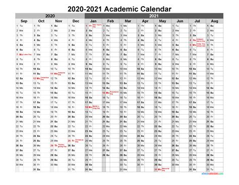 2020 And 2021 Academic Calendar Printable Landscape Template Noaca21y21