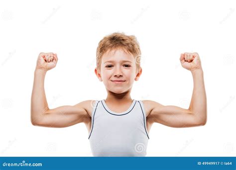 Smiling Sport Child Boy Showing His Hand Biceps Muscles Strength Stock