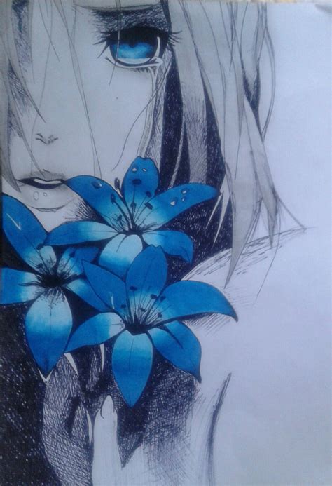 Anime Animegirl Drawing Flower Cry Sad Blueflower