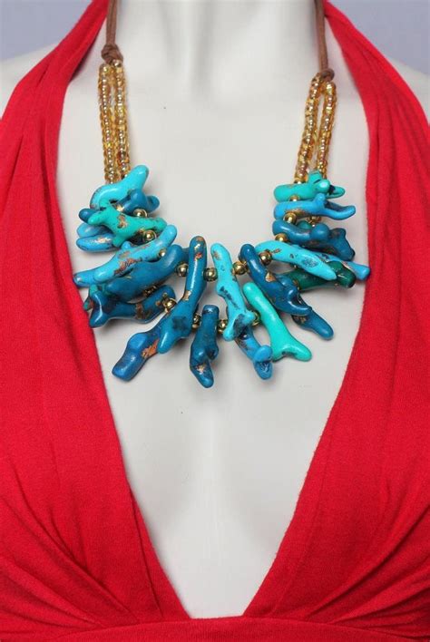 Chunky Turquoise Coral Necklace Handmade Clay Beads Blue One Of A