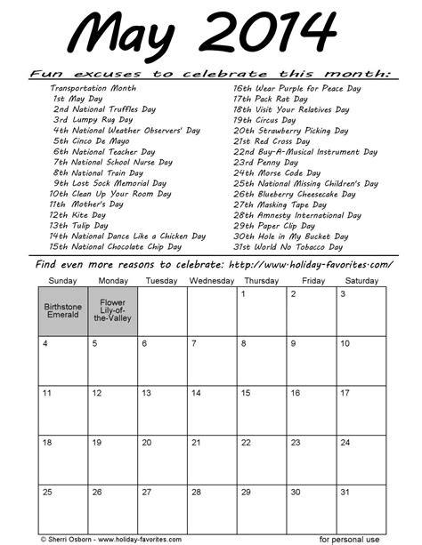 May 2014 Special Days Calendar Holiday Favorites
