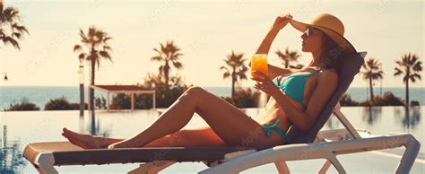 Side Profile View Sexy Woman Wear Straw Hat Hold Glass Drinks Natural Orange Juice Cocktail