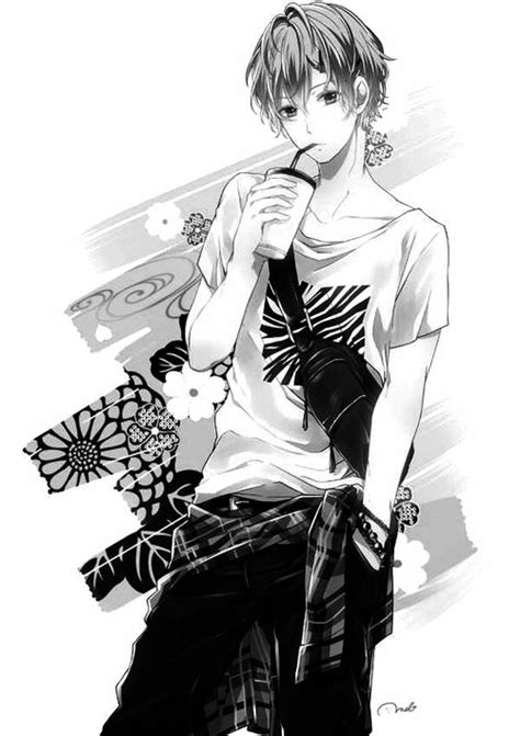Black And White Anime Boy With Painted Out Back Ground And Drinking Pop