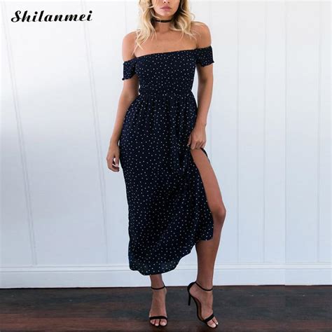 2019 Women Off Shoulder Backless Summer Dress Elegant High Waist Side Slit Dot Dress Beach