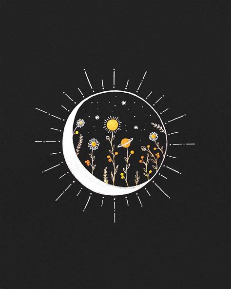 The Sun And Moon Are Surrounded By Wildflowers On A Black Background