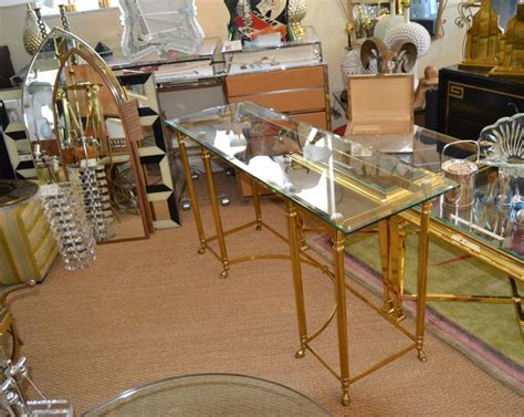 Hollywood Regency Labarge Brass And Beveled Glass Console Sofa Table