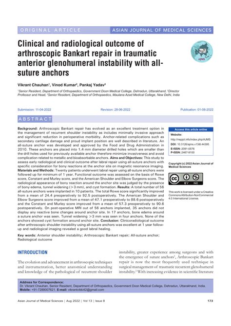Pdf Clinical And Radiological Outcome Of Arthroscopic Bankart Repair