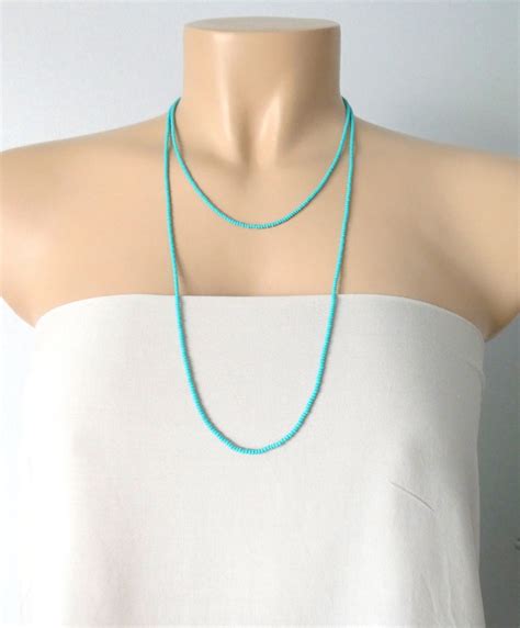 Long Dainty Beaded Turquoise Necklace Boho Necklace Aqua Etsy