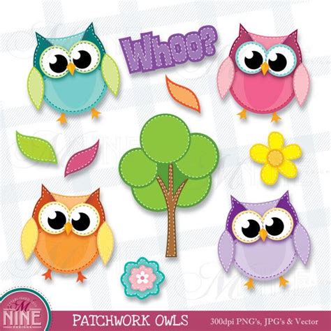 Patchwork Owls Clip Art Spring Clipart Illustrations Instant Download