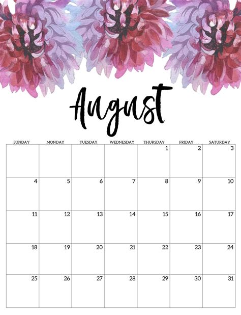 Cute August 2019 Floral Wall Calendar Free Printable Calendar