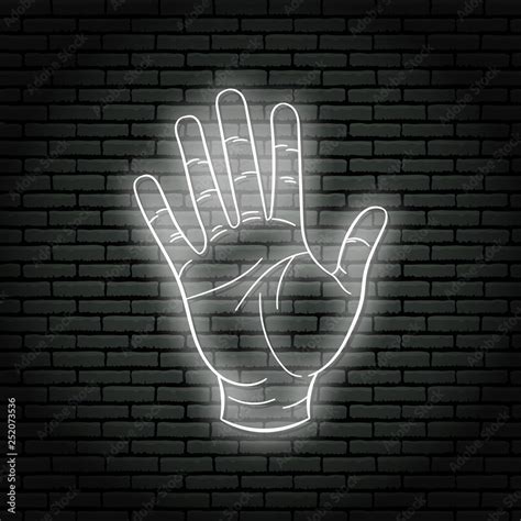 Neon Sign With White Glow Hand Gesture Open Palm On A Brick Wall