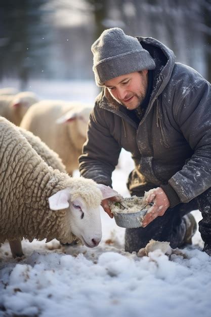 Premium Ai Image Man Feeding Sheep On Winter Farm
