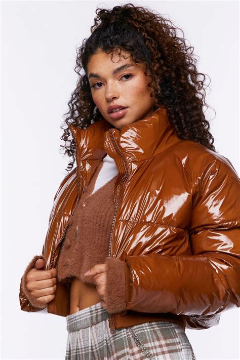 faux patent leather puffer jacket