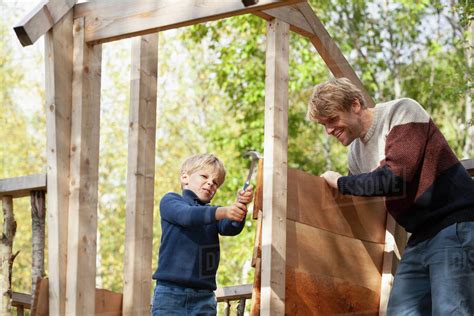 Father And Son Building Treehouse Together In Garden Stock Photo