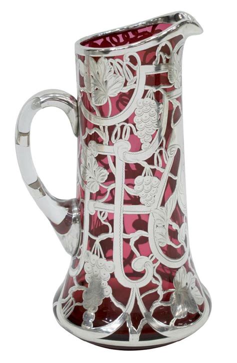 Victorian Silver Overlay Cranberry Glass Pitcher Carafe Pitcher Glass Pitchers Cranberry Glass