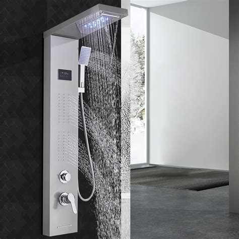 Zovajonia Led Shower Panel Tower System 5 Functions Stainless Steel Shower Tower Waterfall