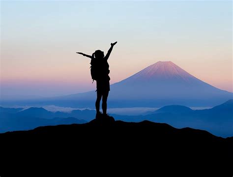 Hd Wallpaper Silhouette Of Woman Raising Her Hands On Top Of Mountain