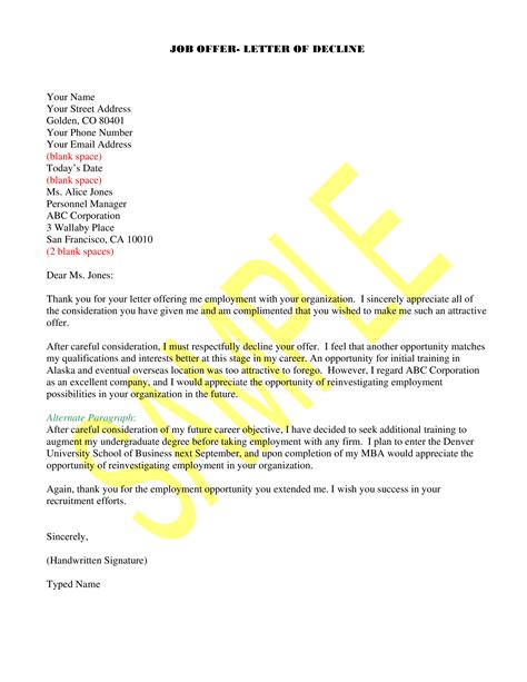 Offer Of Employment Rejection Letter Templates At
