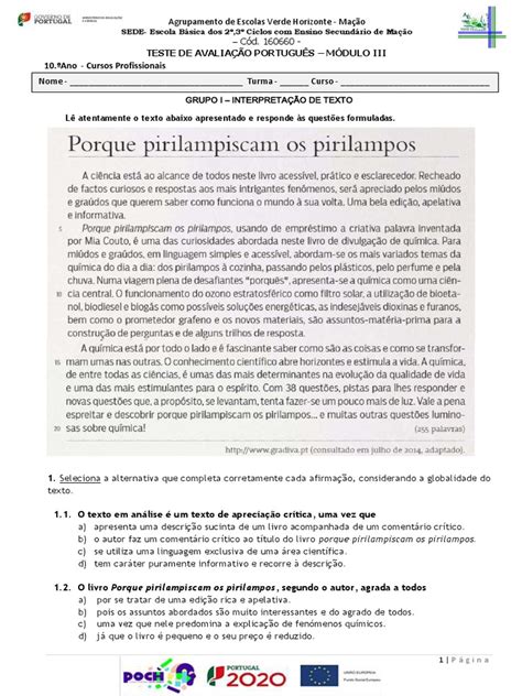 Teste Módulo 3 Português 10º Ano Profissional Linguística Idiomas