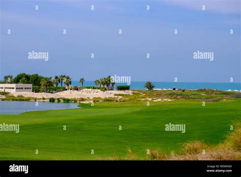 Saadiyat Island Public Beach Golf Course With Trees And Blue Sky In Background Making A