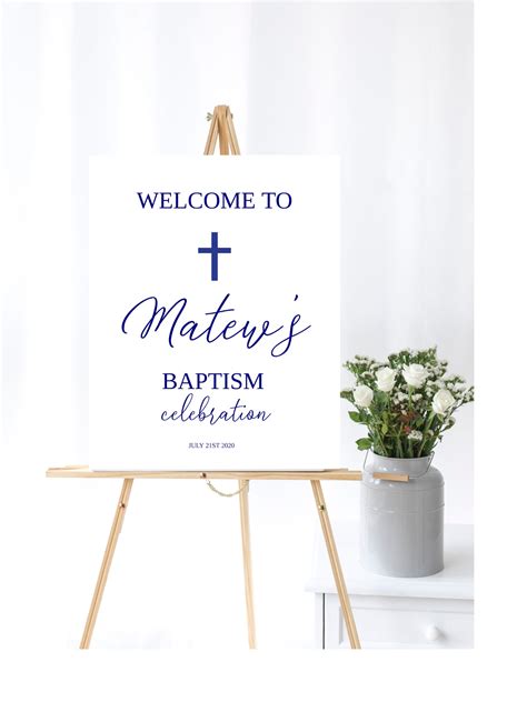 Baptism Welcome Sign With Navy Blue Cross Baby Boy Baptism Etsy