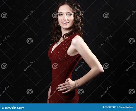 Beautiful Woman In Red Dress With Evening Make Up Stock Image Image